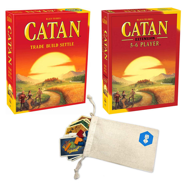 Catan 5th Edition Board Game with Catan 5-6 Player Extension Bundle | Includes Convenient Drawstring Storage Bag with Game Players Logo Printed - SportsnToys