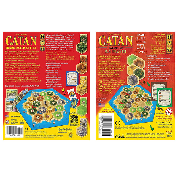 Catan 5th Edition Board Game with Catan 5-6 Player Extension Bundle | Includes Convenient Drawstring Storage Bag with Game Players Logo Printed - SportsnToys